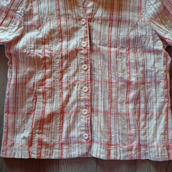Christopher & Banks XL pink and tan plaid button-up short sleeve shirt - Picture 3 of 8